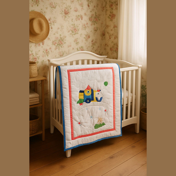 Vintage Baby Quilt Crib Blanket Trains Bunnies Flowers
